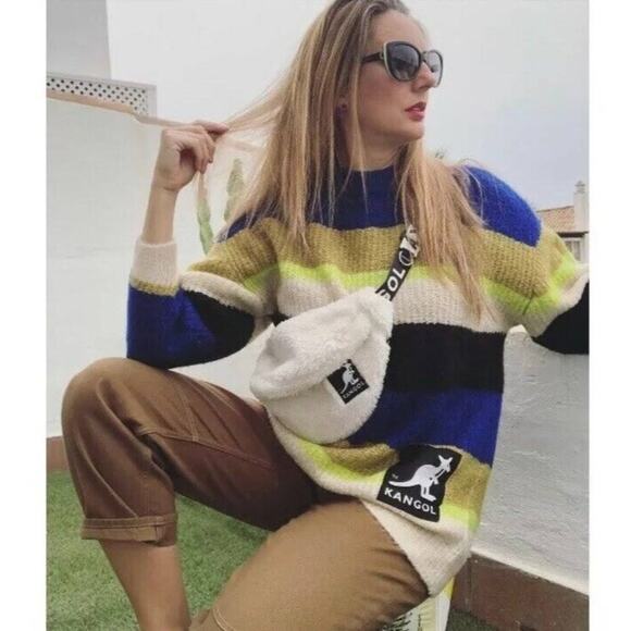 KANGOL x H&M Knit Sweater Womens Size XS Oversized Striped Colorful Comfy Cozy - Picture 2 of 8